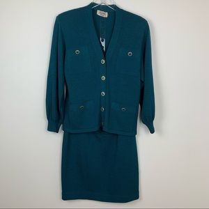 VINTAGE ST JOHN Teal Knit Cardigan Pencil Skirt Suit Set 8